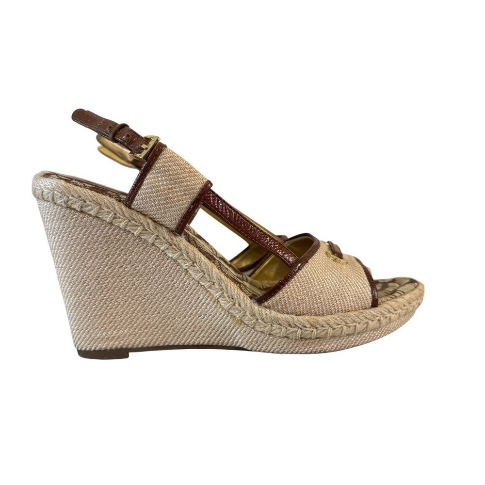 Unisa Wedge Womens Sandals Size 8 Brown Beige Canvas Leather Slingback Heels